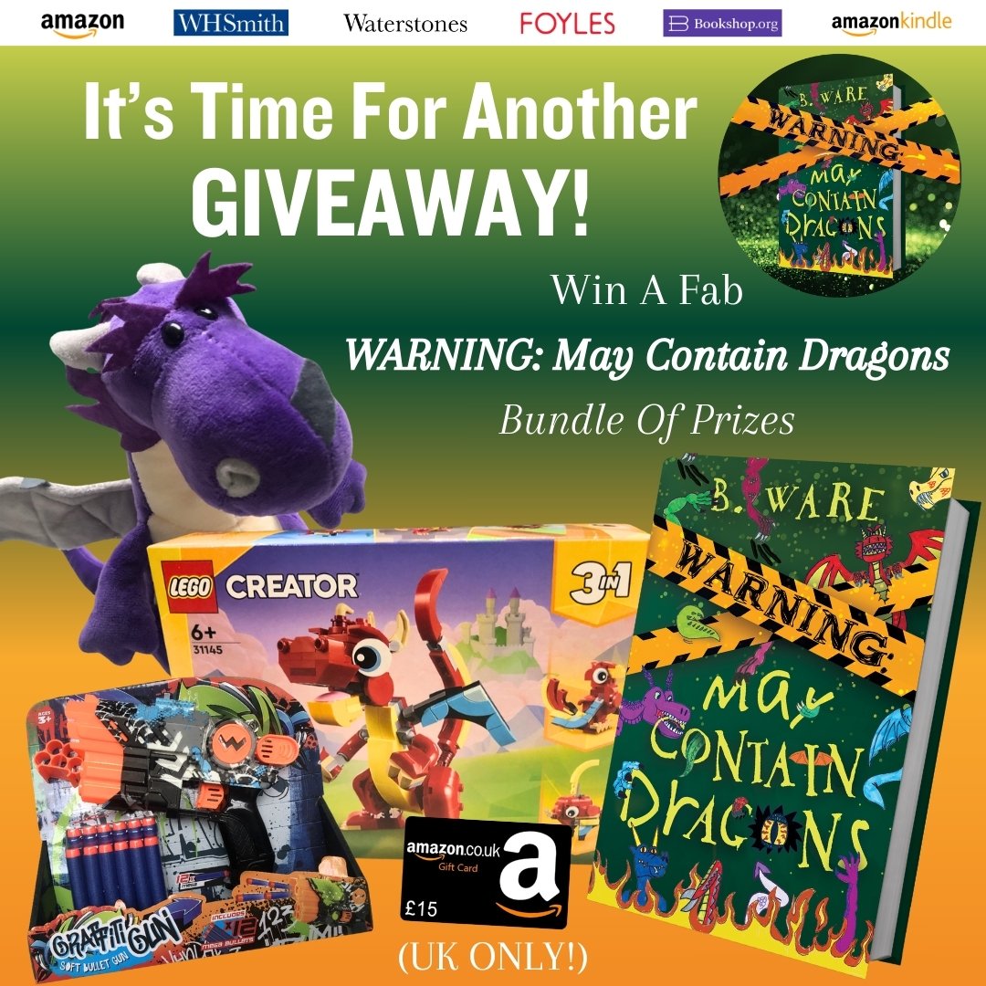 GIVEAWAY – in celebration of the upcoming release of WARNING: May Contain Dragons. linktr.ee/bwareauthor

To enter, simply follow, comment &amp; share.

The bundle of prizes is as follows:
A signed and dedicated copy of WARNING: May Contain Dragons
A Lego dragon
A £15 Amazon gift