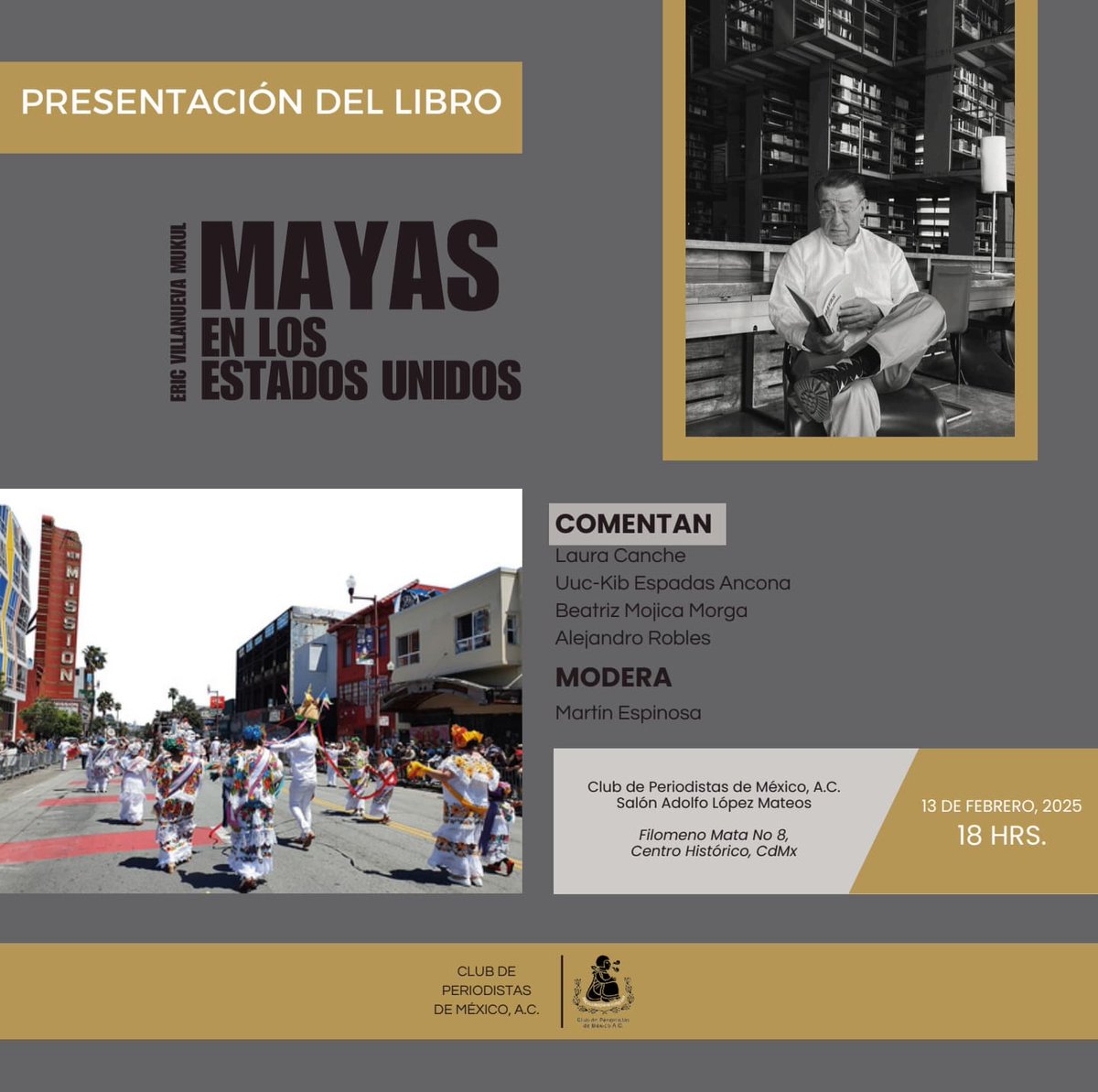 Los espero este jueves 18 horas Club de Periodistas de México AC. Comentarán <a href="/Beatriz_Mojica/">Beatriz Mojica Morga</a>, <a href="/lalacanche/">laura canché arteaga</a>, <a href="/uukibea/">yüüĸı</a>, <a href="/alejandrorobmx/">Alejandro Robles</a> y <a href="/martinespinosa/">Martín Espinosa</a> Libro Mayas en los Estados Unidos #CDMX  #Yucatan #Indigenas #Migrantes #Migrants #mayas