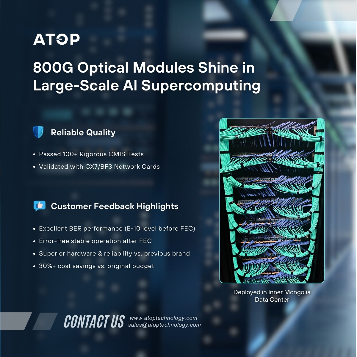 ATOPCorporation's tweet photo. ATOP's 800G Optical Modules impress in AI Supercomputing, Inner Mongolia! Passed 100+ tests, validated with top network cards. Customers praise excellent BER, stable operation, superior hardware, &amp; 30%+ cost savings. https://t.co/7d5u41EyPN