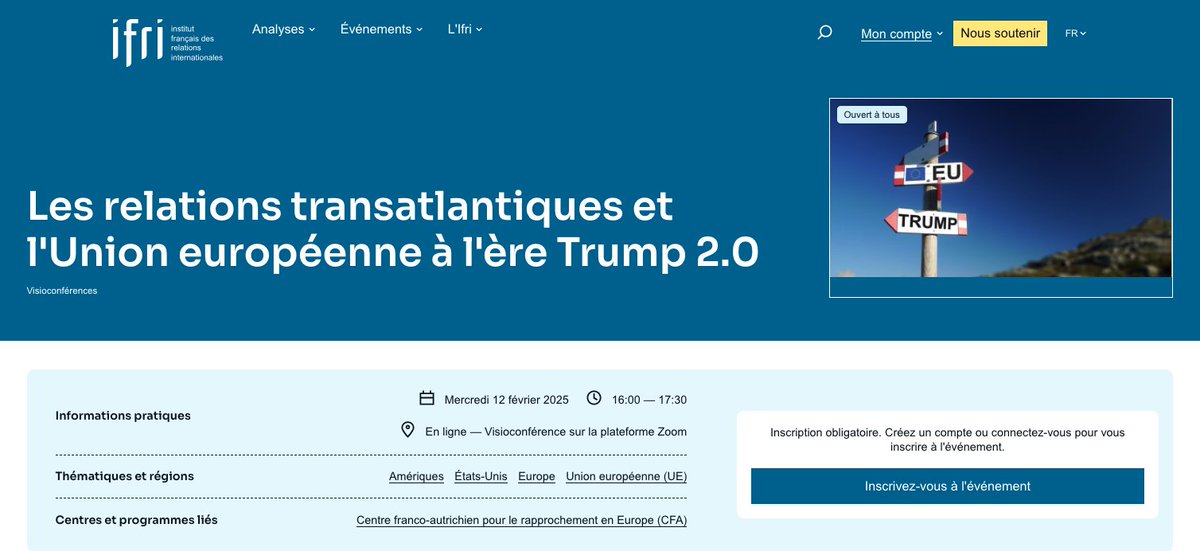 Institut français des relations internationales (@ifri_) on Twitter photo 📢 Dernier jour pour s'inscrire !
Ne manquez pas la visioconférence Ifri / <a href="/OefzCfa/">ÖFZ / CFA</a> "Les relations transatlantiques et l'Union européenne à l'ère Trump 2.0" 🇺🇸🇪🇺 Ce mercredi 12 février 2025, de 16h-17h sur Zoom.
🌍 Sécurité, géopolitique, coopération transatlantique : quel 📢 Dernier jour pour s'inscrire !
Ne manquez pas la visioconférence Ifri / <a href="/OefzCfa/">ÖFZ / CFA</a> "Les relations transatlantiques et l'Union européenne à l'ère Trump 2.0" 🇺🇸🇪🇺 Ce mercredi 12 février 2025, de 16h-17h sur Zoom.
🌍 Sécurité, géopolitique, coopération transatlantique : quel