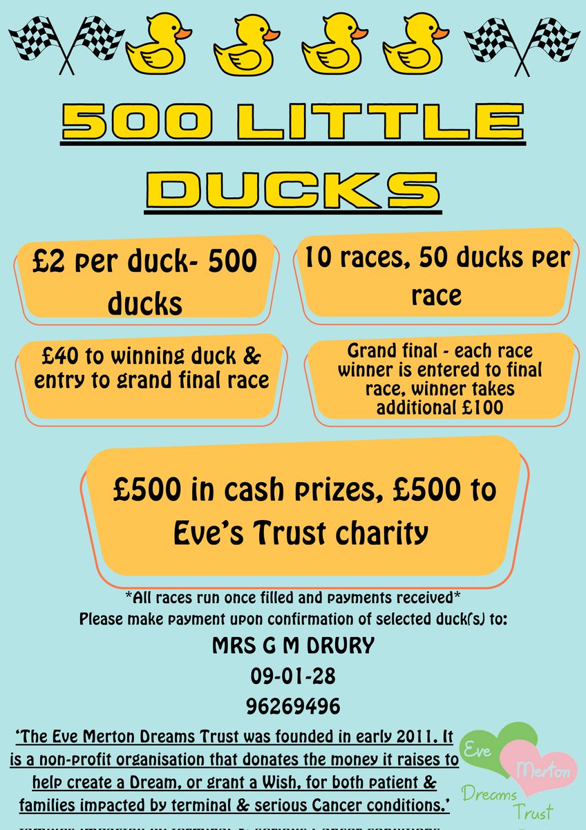 Jd_drury92's tweet photo. FANCY A DUCK? - OFFICIAL RACE TEASER!!

131 DUCKS SOLD 

Once all ducks are sold, this is how the 10 races will look! All info can be found on the poster

£500 in cash prizes to be won, £500 + gift aid donated to evestrust! https://t.co/Pn1CuBxbS4