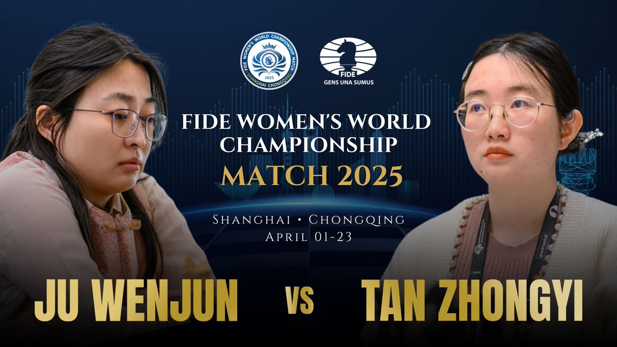 International Chess Federation (@fide_chess) on Twitter photo π π¨π³ Shanghai & Chongqing to host the 2025 FIDE Womenβs World Championship Match!
A thrilling rematch awaits as Challenger Tan Zhongyi takes on reigning Champion Ju Wenjun for the ultimate title! βοΈ
π
April 1β23, 2025
π― 12 games β first to 6.5 points wins!
βοΈ Ju Wenjun has π π¨π³ Shanghai & Chongqing to host the 2025 FIDE Womenβs World Championship Match!
A thrilling rematch awaits as Challenger Tan Zhongyi takes on reigning Champion Ju Wenjun for the ultimate title! βοΈ
π
April 1β23, 2025
π― 12 games β first to 6.5 points wins!
βοΈ Ju Wenjun has