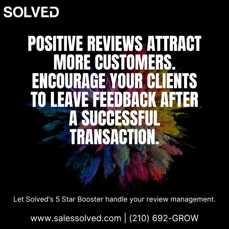 SolvedCEO's tweet image. Positive reviews attract more customers. Encourage your clients to leave feedback after a successful transaction. Let Solved’s 5 Star Booster handle your review management.  rfr.bz/t727221