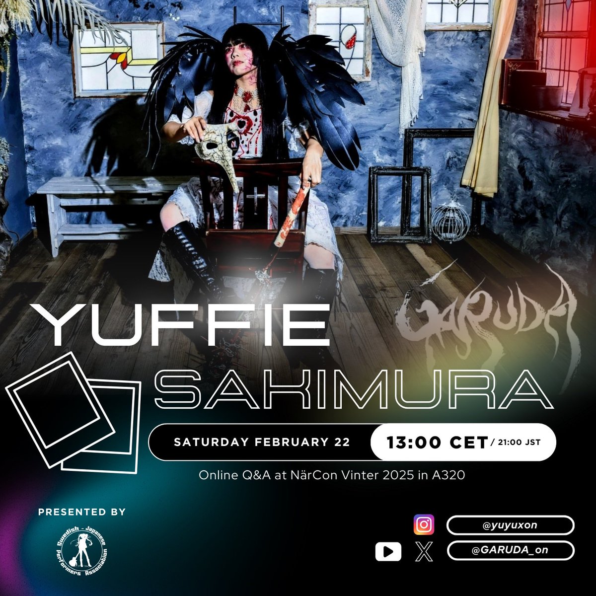 GARUDA_info's tweet photo. 【#GARUDALIVE Schedule】
🦇2/22(土)昼🆕
都内ライブ予定➢詳細まもなく
🦇2/22(土)夜
NärCon Vinter 2025 ONLINE CHEKI
🎟️https://t.co/bu4RAaQuME
🦇2/23(日)名古屋RED DRAGON
『#MASKMASKMASK』
🎟️https://t.co/Apd3cLDILk
🦇3/30(日)夜帯都内
🦇6/21(土)都内
#GARUDA降臨
#GARUDACALLING https://t.co/vg0gdh31aL