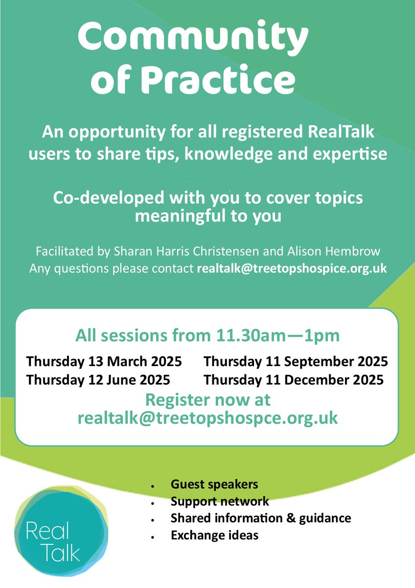 RealTalk (@realtalk_eol) on Twitter photo 2025 Community of Practice dates. An opportunity to share tips, knowledge and expertise. Contact realtalk@treetopshospice.org.uk to register
<a href="/SharanComms/">Sharan Harris-Christensen</a>
#RealTalk #sharingexpertise 2025 Community of Practice dates. An opportunity to share tips, knowledge and expertise. Contact realtalk@treetopshospice.org.uk to register
<a href="/SharanComms/">Sharan Harris-Christensen</a>
#RealTalk #sharingexpertise