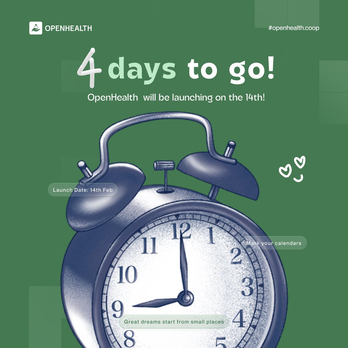 Openhealthcoop's tweet photo. Great dreams start from small places.
We are excited to announce that in this season of love, our dream of “quality and accessible health for all” - Open Health app will be launching on the 14th!
Mark your calendars and be ready to get access to our app.
#openhealth #ai https://t.co/pX1NcYoKP6