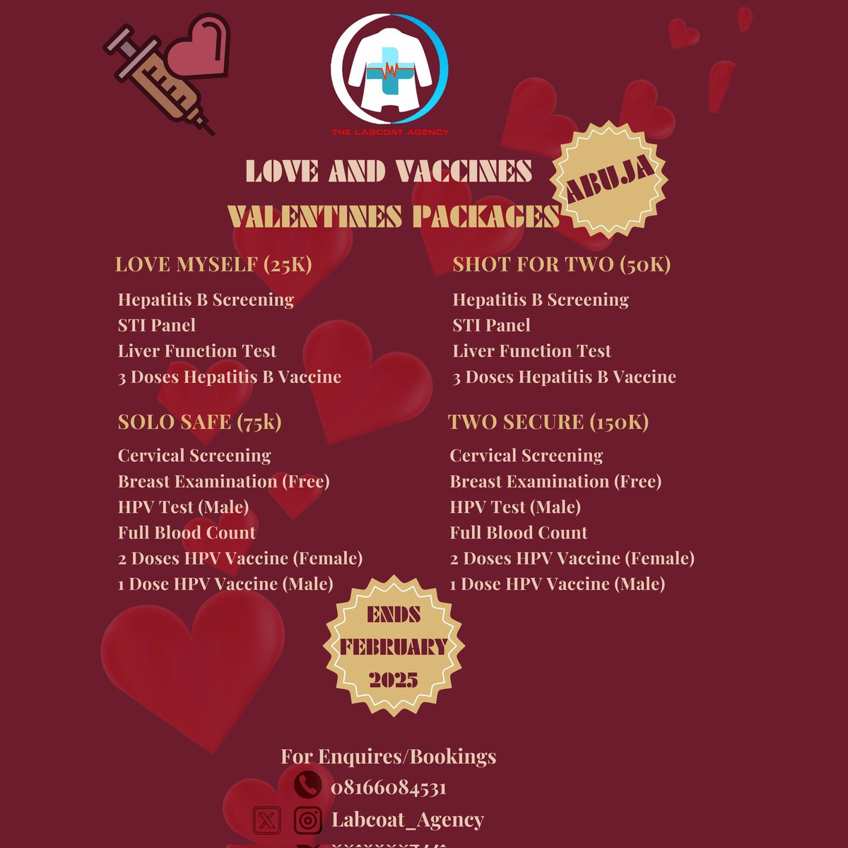 LabCoat Girl🔬🥼💉🩸 (@labcoatgiirl) on Twitter photo Love your health as much as your heart This Valentine’s, protect yourself & ur partner with our affordable Valentine's Packages because love can wait, but protection can’t.
Stay safe, Stay healthy, Stay in love!
<a href="/Poseidon_eX/">Fr. Jekeli</a> <a href="/oku_yungx/">Oku</a> <a href="/healthertainer/">Dr Kelechi Okoro | Ebonyi Babe</a> <a href="/akinfadeyi1/">Akin Fadeyi</a> <a href="/tosinolaseinde/">Olúwatósìn Olaseinde</a> Love your health as much as your heart This Valentine’s, protect yourself & ur partner with our affordable Valentine's Packages because love can wait, but protection can’t.
Stay safe, Stay healthy, Stay in love!
<a href="/Poseidon_eX/">Fr. Jekeli</a> <a href="/oku_yungx/">Oku</a> <a href="/healthertainer/">Dr Kelechi Okoro | Ebonyi Babe</a> <a href="/akinfadeyi1/">Akin Fadeyi</a> <a href="/tosinolaseinde/">Olúwatósìn Olaseinde</a>