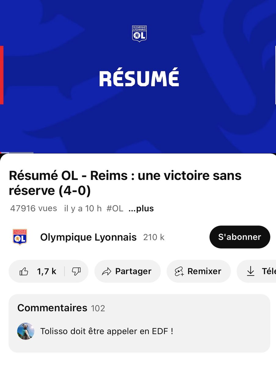 Le titre de la vidéo YouTube de l’OL après la victoire face à Reims. 😭😭

(𝗥𝗲𝗶𝗺𝘀 𝗮𝘃𝗮𝗶𝘁 𝗱𝗲́𝗽𝗼𝘀𝗲́ 𝘂𝗻𝗲 𝗿𝗲́𝘀𝗲𝗿𝘃𝗲 𝗰𝗼𝗻𝘁𝗿𝗲 𝗹𝗮 𝗽𝗿𝗲́𝘀𝗲𝗻𝗰𝗲 𝗱’𝗔𝗹𝗺𝗮𝗱𝗮)