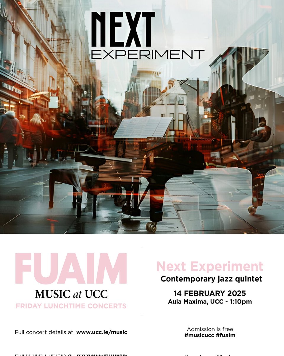 Things are getting jazzy for this week's FUAIM concert! We will be joined by the acclaimed contemporary jazz quintet Next Experiment. 🎶

Join us this Friday 14th of February at 1:10pm in the Aula Maxima. Join us in person or online!

ucc.ie/en/fmt/music/e…