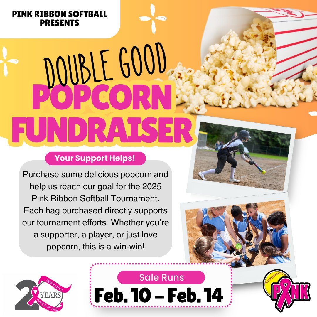 Help 🎉 celebrate 20 Years of PINK 🎀 🥎 with some delicous and award winning Double Good Popcorn 🍿!   Hit the link below to support our February FUNdraiser.  Orders  ship directly to you #makeadifference #prsturns20 #februaryfundraiser2025

ORDER HERE:   s.dgpopup.com/w725x0yc