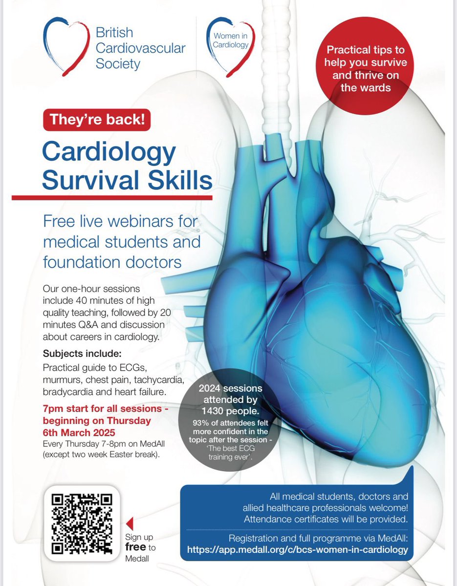 Emily Morris (@emily_cmorris) on Twitter photo The BCS/BCS Women in Cardiology Survival Skills series is back for 2025!
Last year’s series was attended by over 1400 students from 90+countries.
This year’s series has a new case-led format and an outstanding line-up of WiC Consultants <a href="/KhanKheil88/">Ayisha Khan-Kheil</a> <a href="/FerrahChoudhary/">Ferrah Choudhary</a> <a href="/jogrogono/">JOANNA GROGONO</a> The BCS/BCS Women in Cardiology Survival Skills series is back for 2025!
Last year’s series was attended by over 1400 students from 90+countries.
This year’s series has a new case-led format and an outstanding line-up of WiC Consultants <a href="/KhanKheil88/">Ayisha Khan-Kheil</a> <a href="/FerrahChoudhary/">Ferrah Choudhary</a> <a href="/jogrogono/">JOANNA GROGONO</a>