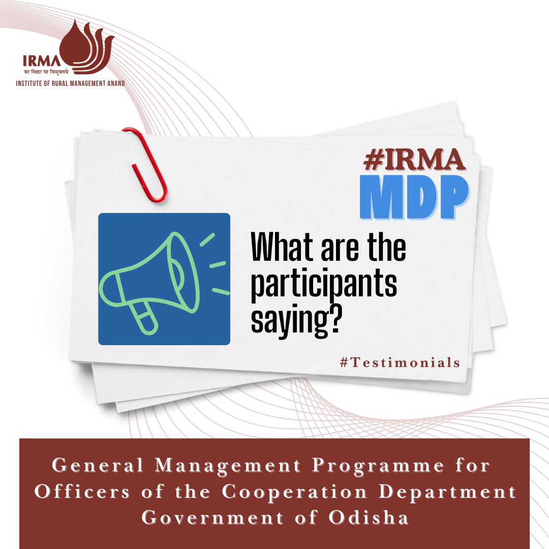 IRMAOfficial79's tweet image. IRMA recently conducted a Management Development Programme for the Officers of the Cooperation Department, Government of Odisha. Here&apos;s what a few participants shared with us on the programme!

#IRMA #ManagementDevelopment #TrainingProgram #LeadershipDevelopment #cooperation
