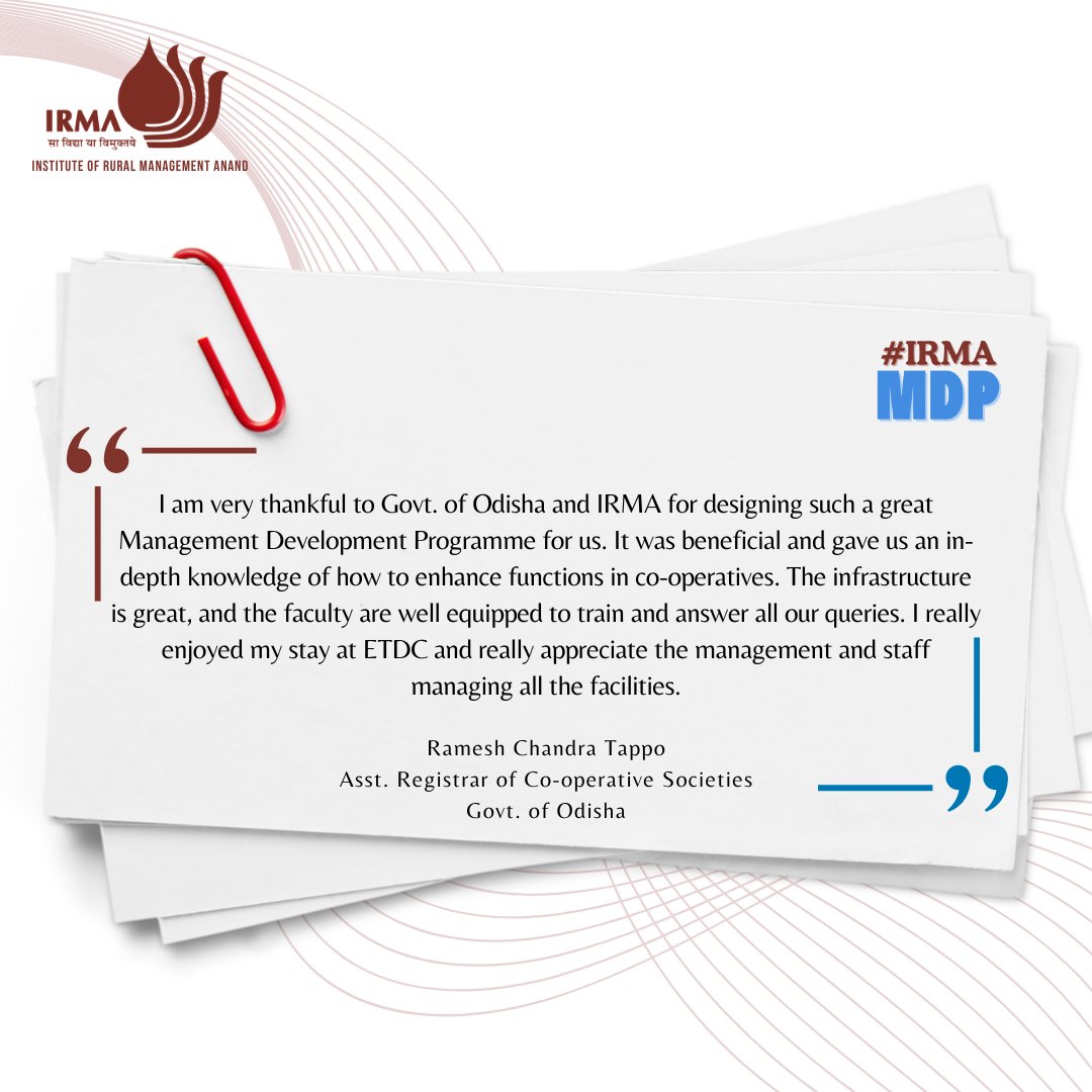 IRMAOfficial79's tweet image. IRMA recently conducted a Management Development Programme for the Officers of the Cooperation Department, Government of Odisha. Here&apos;s what a few participants shared with us on the programme!

#IRMA #ManagementDevelopment #TrainingProgram #LeadershipDevelopment #cooperation