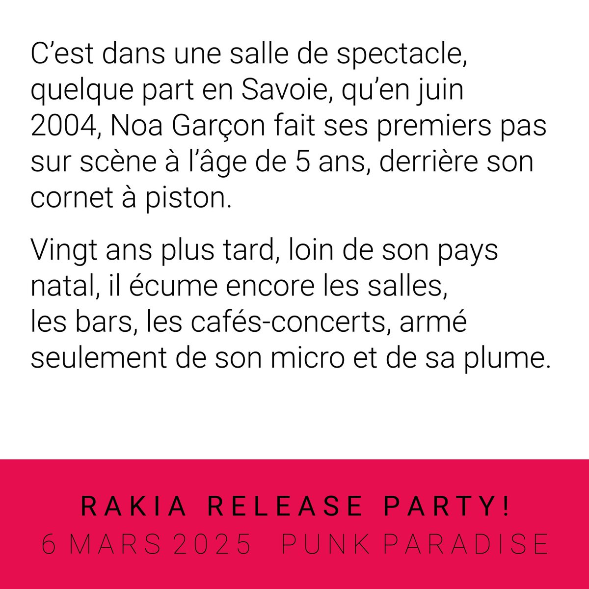 rakiamusique's tweet photo. Le 6 mars je sors un nouveau single ! À cette occasion j’aurai la plaisir d’accueillir Noa Garçon parmi mes invités de la soirée ❤️ rendez-vous à 20h au @PunkParadise_ à Paris (11ème) https://t.co/hJNhzmI6dP