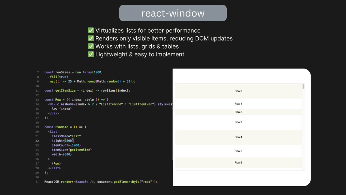 digv22's tweet image. Struggling with slow rendering in large lists?

#React #WebPerformance #ReactWindow