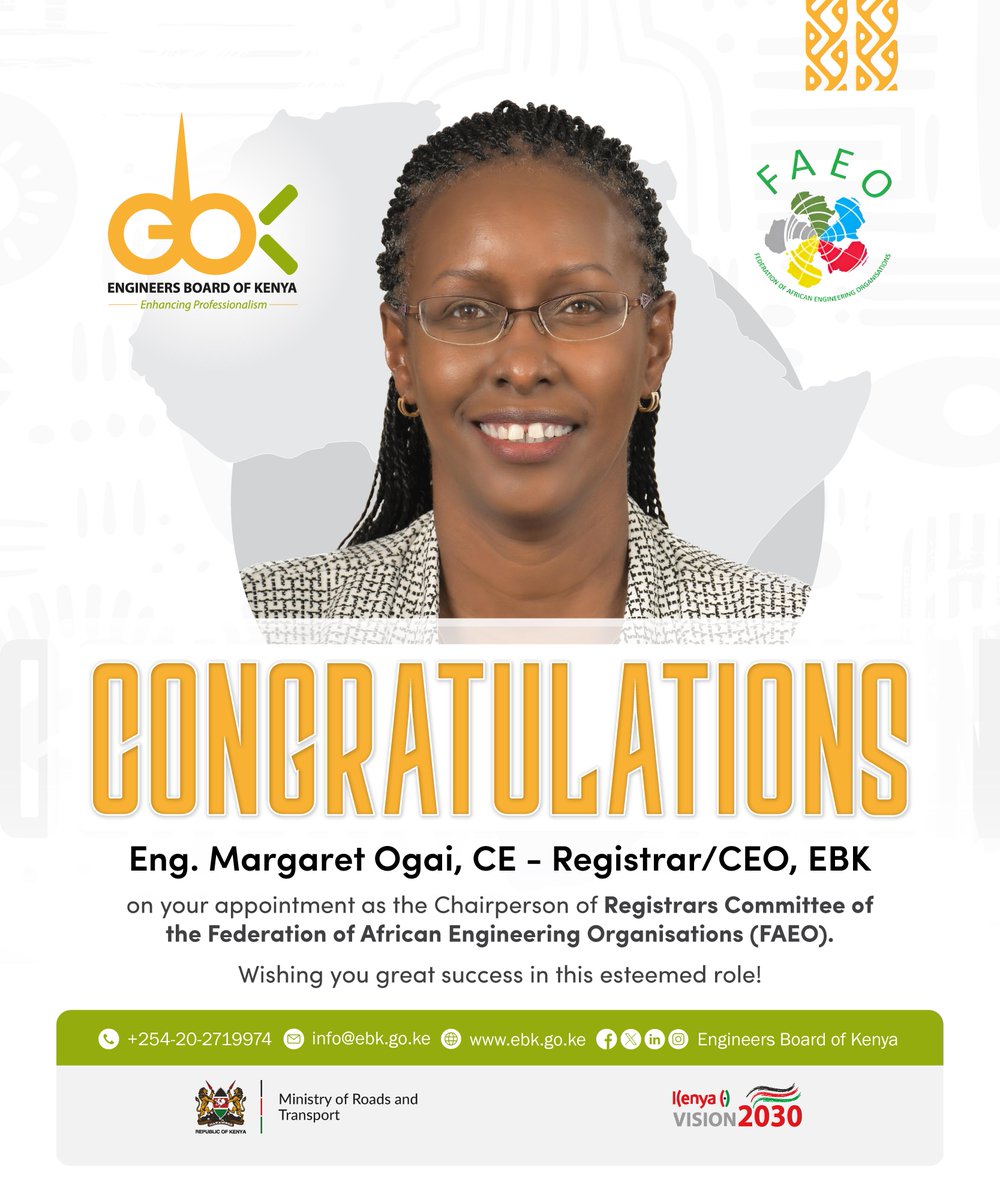 Engineers Board of Kenya (@engineersboard) on Twitter photo Professional Recognition: join the <a href="/EngineersBoard/">Engineers Board of Kenya</a> as we celebrate our Registrar/CEO <a href="/Eng_MaggieOgai/">Eng. Margaret Ogai</a> on her appointment as the Chairperson of Registrars Committee of Federation of African Engineering Organisations (<a href="/faeo_ng/">Federation Of African Engineering Organisations</a>).
Hongera Registrar!
#ProfessionalRecognition Professional Recognition: join the <a href="/EngineersBoard/">Engineers Board of Kenya</a> as we celebrate our Registrar/CEO <a href="/Eng_MaggieOgai/">Eng. Margaret Ogai</a> on her appointment as the Chairperson of Registrars Committee of Federation of African Engineering Organisations (<a href="/faeo_ng/">Federation Of African Engineering Organisations</a>).
Hongera Registrar!
#ProfessionalRecognition