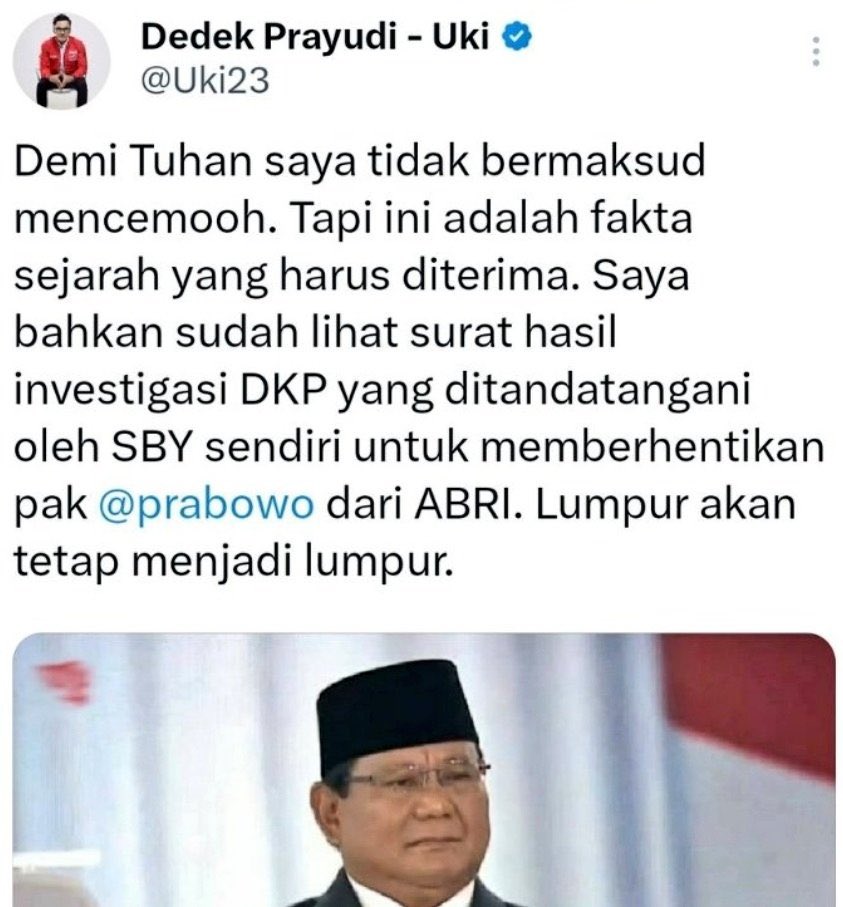 <a href="/Uki23/">Dedek Prayudi - Uki</a> Sumpah kepada Tuhan yg maha kuasa dibilang pisau tumpul.
Iya sih emg yg tajem mah ketakutan gapunya harta dan jabatan di dunia, menjilat ludah dan pantat pun dilakuin. Mantap Mas Uki, emg lumpur pasti kumpulnya sama lumpur juga.