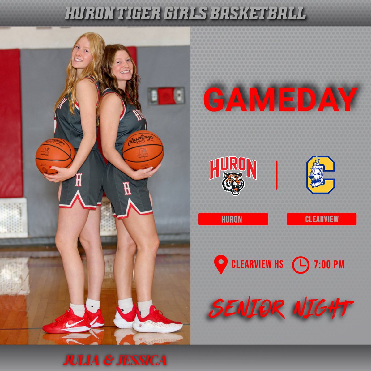 🏀GAMEDAY🏀🏀SENIOR NIGHT🏀

Tonight we travel to Clearview High School to take on the Clippers.  Due to our last home game getting canceled, we will recognize our two seniors, Jessica and Julia, tonight after the JV game.  JV starts at 5:30.  Hope to see you there!