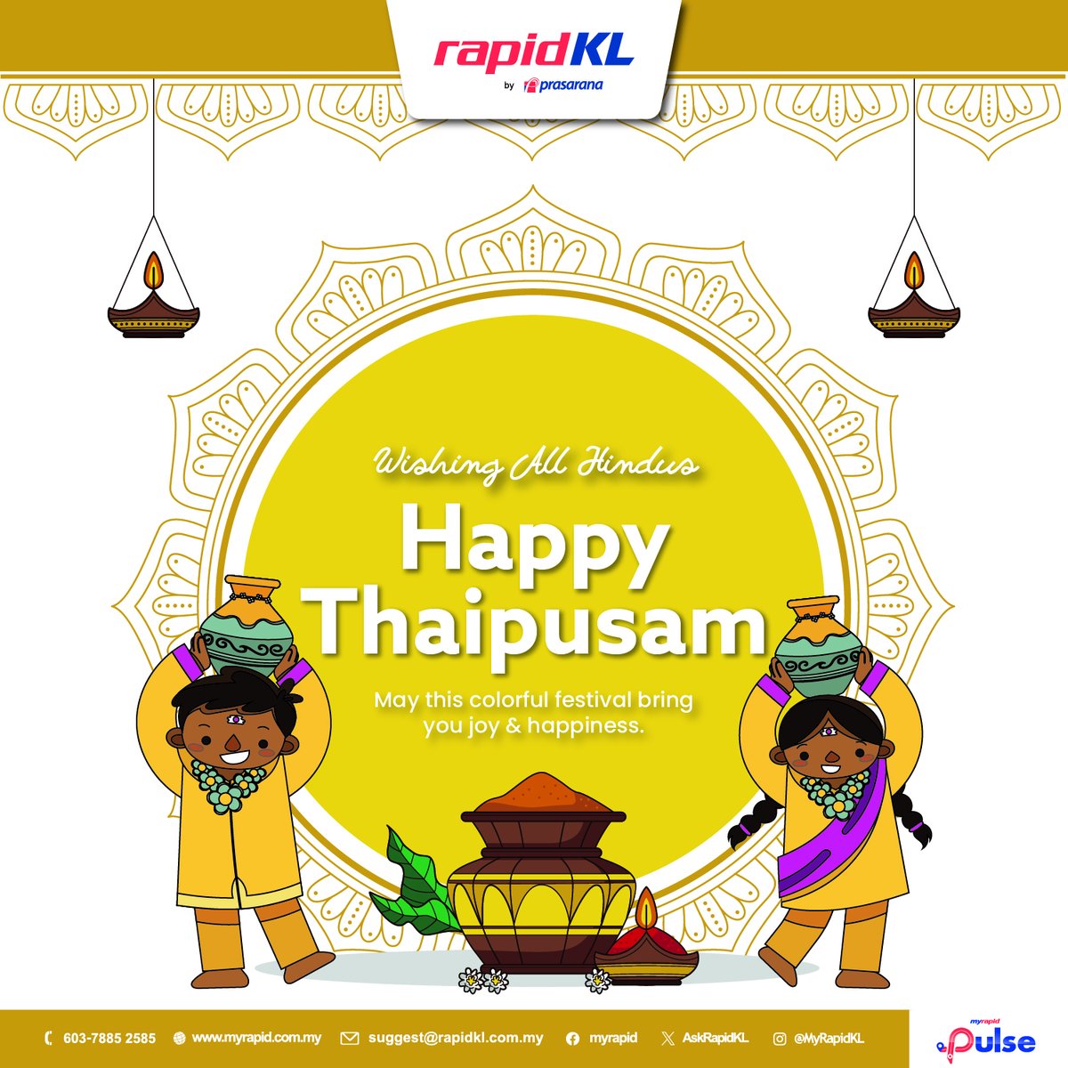Selamat Menyambut Hari Thaipusam kepada semua penganut Hindu di Malaysia! ✨

Semoga perayaan ini membawa keindahan dan kebahagiaan buat anda sekeluarga. Bagi yang menyambut, kami berharap perjalanan anda selamat dan lancar. 🙏💛

#Thaipusam #RapidKL