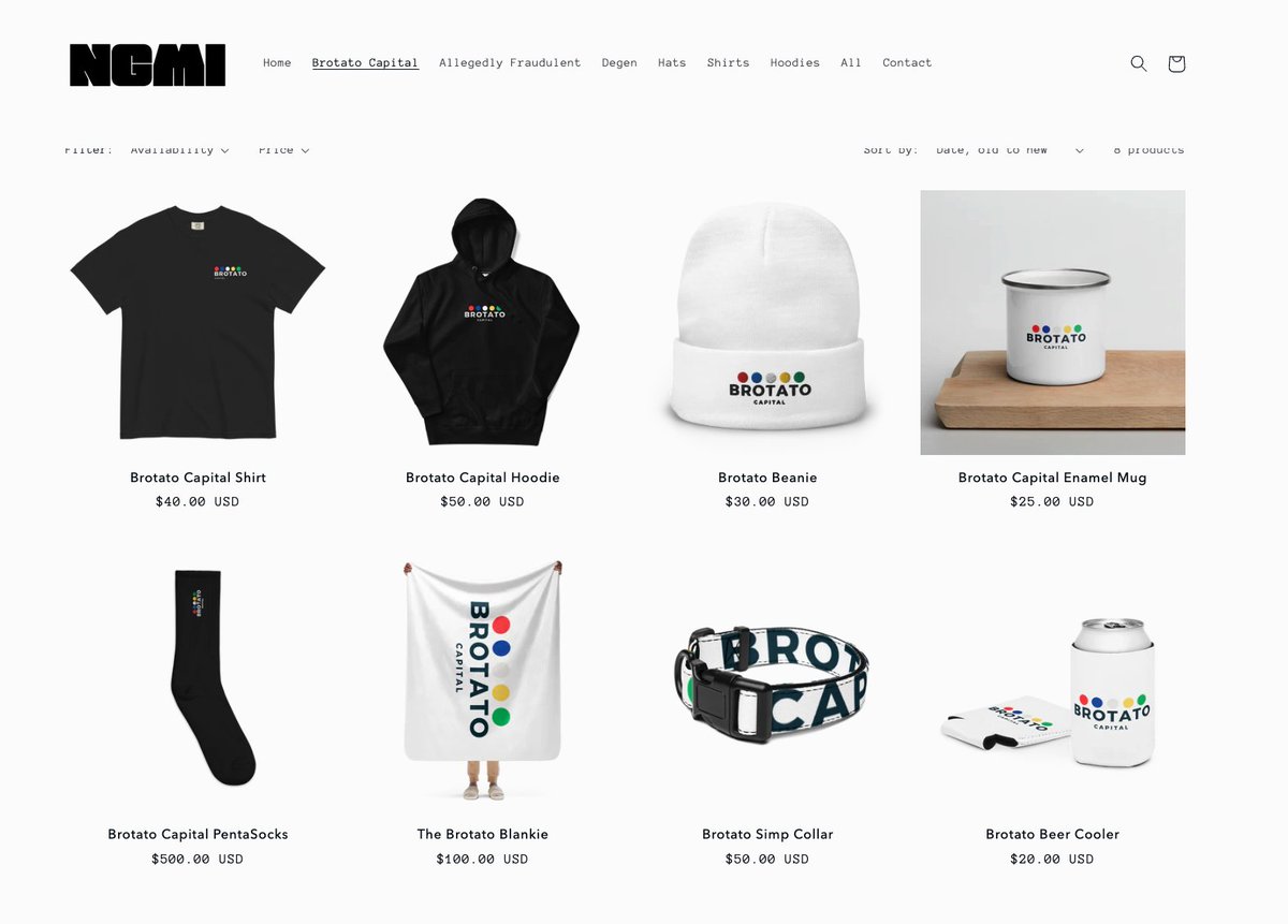 Tom Mitchelhill (@thecryptojourno) on Twitter photo I'm proud to announce the very first release of <a href="/BrotatoCapital/">Brotato Capital</a> merchandise.
We've got shirts, blankies, overpriced socks and simp collars.
(everything a god-fearing cryptocurrency enthusiast deserves)
Available now on ngmistore.xyz I'm proud to announce the very first release of <a href="/BrotatoCapital/">Brotato Capital</a> merchandise.
We've got shirts, blankies, overpriced socks and simp collars.
(everything a god-fearing cryptocurrency enthusiast deserves)
Available now on ngmistore.xyz