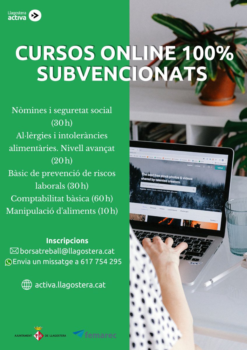 📣Cursos online 100% subvencionats

✅Nòmines i seguretat social 
✅Al·lèrgies i intoleràncies alimentàries. Nivell avançat. 
✅Bàsic de prevenció de riscos laborals
✅Comptabilitat bàsica
✅Manipulació d'aliments

Inscripcions a: 
📩borsatreball@llagostera.cat 
📲 617 754 295