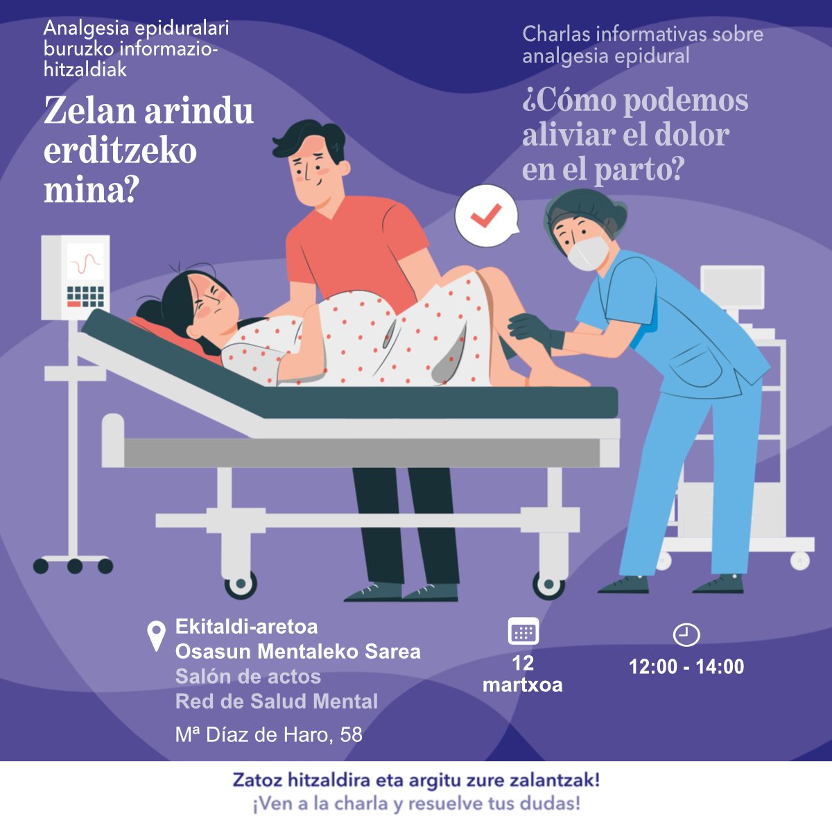 OSIBilboBasurtu's tweet photo. ℹ️ Zelan arindu dezakegu mina erditzean?
Haurdunaldi honetan zalantzarik badaukazu, zatoz analgesia epiduralari buruzko informazio-hitzaldira, anestesistek emandakora.

📆25/3/12
🕒12:00 – 14:00
📌Osasun Mentaleko Sarearen ekitaldi-aretoa
María Díaz de Haro, 58

Zain gauzkazu! https://t.co/tyKRUjJ86M