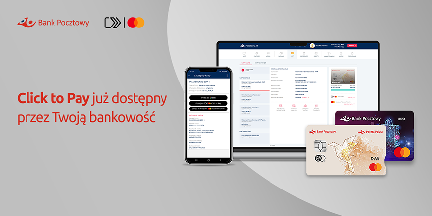 PocztowyBank's tweet photo. Bank Pocztowy, jako drugi bank w Polsce, wprowadził możliwość płatności kartami online w standardzie „Click to Pay” @MastercardPL #BankPocztowy #karty #płatności https://t.co/2ZQGSIG2vw https://t.co/VItYdWAbWH