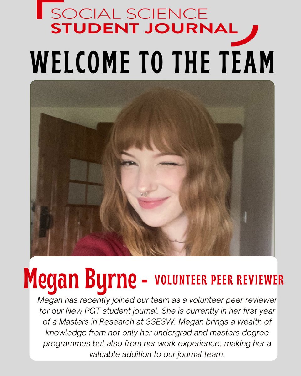QUB Social Science Student Journal (@qub_sssj) on Twitter photo Please welcome Megan to our team. Megan is one of our new PGT peer reviewers. She is currently study a Masters in Research at SSESW 👏 <a href="/QUBSSESW/">SSESW at Queen's</a> #sssj Please welcome Megan to our team. Megan is one of our new PGT peer reviewers. She is currently study a Masters in Research at SSESW 👏 <a href="/QUBSSESW/">SSESW at Queen's</a> #sssj