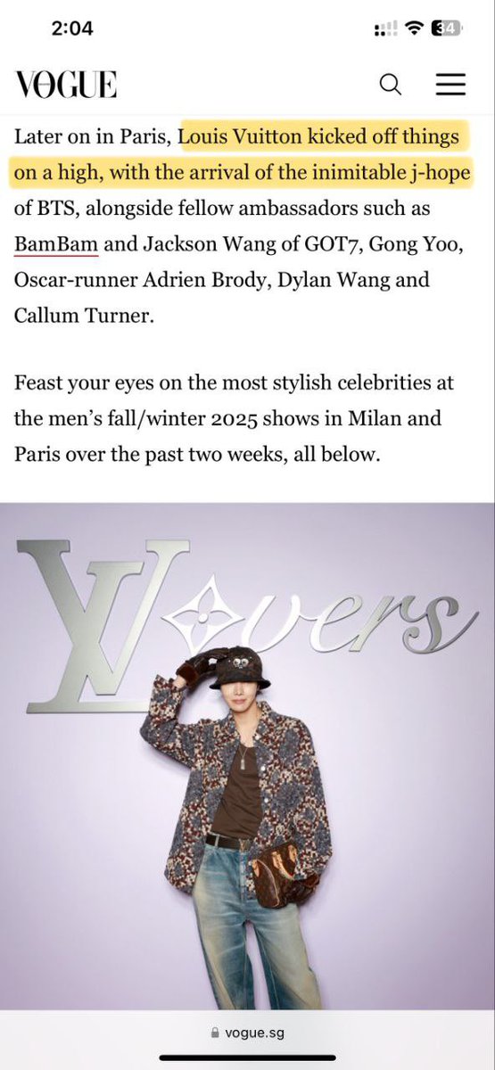 bp_streams7's tweet photo. ELE É O MOMENTO!! 

A Louis Vuitton dá início à nova temporada com a presença do inimitável J-Hope do BTS, destaque nas passarelas. A Vogue Cingapura incluiu o artista entre as 'celebridades mais elegantes dos desfiles masculinos de outono/inverno de 2025', nas passarelas de Milão e Paris.