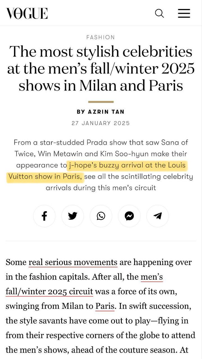 ELE É O MOMENTO!! 

A Louis Vuitton dá início à nova temporada com a presença do inimitável J-Hope do BTS, destaque nas passarelas. A Vogue Cingapura incluiu o artista entre as 'celebridades mais elegantes dos desfiles masculinos de outono/inverno de 2025', nas passarelas de
