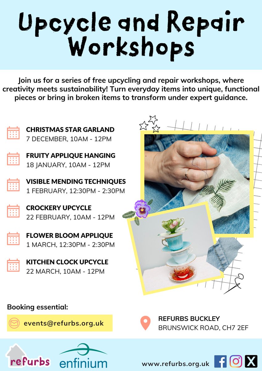 Refurbs Buckley (@refurbsb) on Twitter photo Book your spot for our FREE Upcycle & Repair Workshops! ♻️✨
📅 22nd Feb: Crockery Upcycle (10am-12pm)
📅 1st Mar: Flower Bloom Appliqué (1pm-3pm)
📍 Refurbs Buckley, CH7 2ED
🔗 Limited spaces—email events@refurbs.org.uk to book!
Funded by Enfinium 🌍💚 Book your spot for our FREE Upcycle & Repair Workshops! ♻️✨
📅 22nd Feb: Crockery Upcycle (10am-12pm)
📅 1st Mar: Flower Bloom Appliqué (1pm-3pm)
📍 Refurbs Buckley, CH7 2ED
🔗 Limited spaces—email events@refurbs.org.uk to book!
Funded by Enfinium 🌍💚