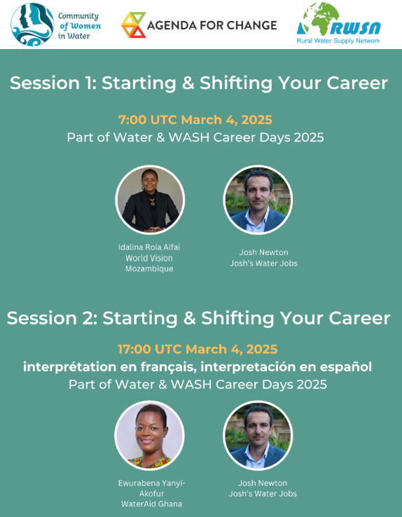 CWiWater's tweet photo. 2025 #WaterandWASHCareerDays
Day 1: Starting &amp; Shifting Your Career

📅 When: March 4
Session 1: 
🔷 Josh Newton @joshswaterjobs
🔷 Idalina Roia @WorldVision

Session 2 (FR/ES interp)
🔷 Josh
🔷 Ewurabena Yanyi-Akofur @WaterAidGhana

👉 Register here: https://t.co/YjPxpSPBom https://t.co/cXN19lJ4UV