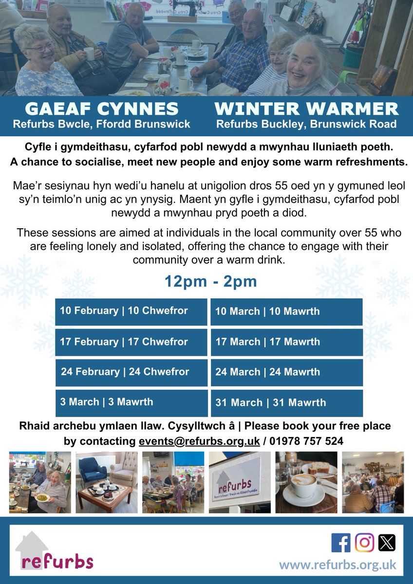 Refurbs Buckley (@refurbsb) on Twitter photo Join us at 12pm for our Winter Warmer events! ❄️☕
📅 10th, 17th & 24th Feb
👥 For 55+ in the local community feeling isolated
💬 Socialise, meet new people & enjoy warm refreshments
📩 DM us or email events@refurbs.org.uk to register! Join us at 12pm for our Winter Warmer events! ❄️☕
📅 10th, 17th & 24th Feb
👥 For 55+ in the local community feeling isolated
💬 Socialise, meet new people & enjoy warm refreshments
📩 DM us or email events@refurbs.org.uk to register!