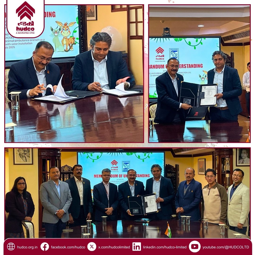 hudcolimited's tweet photo. #HUDCO joins hands with #Friendicoes SECA by signing an MoU to drive change - funding animal #ambulance, #greencrematorium and #solar installation. 🚑🔥🌿
Because #everylifematters, and every #farewell deserves dignity. 💙
#HUDCOCares #CompassionInAction #BuildingWithHeart https://t.co/MnBg5ZmjTr
