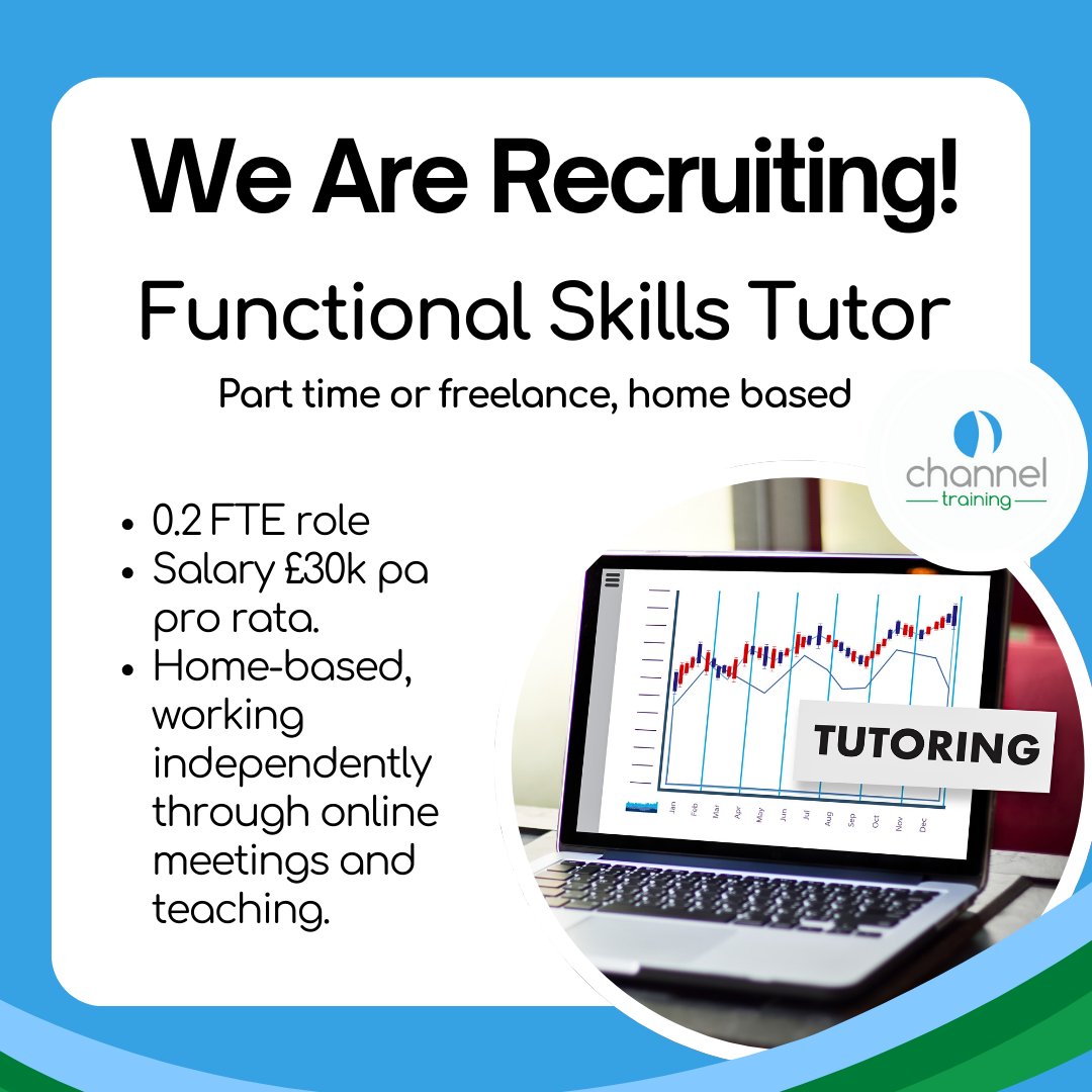 We are looking for a Functional Skills Tutor to join our team!

The successful candidate will be responsible for the delivery of Maths + English training &amp; assessment to Apprentices.

Read the full job description and apply here: channeltraining.co.uk/work-for-us/

#jobs #functionalskills