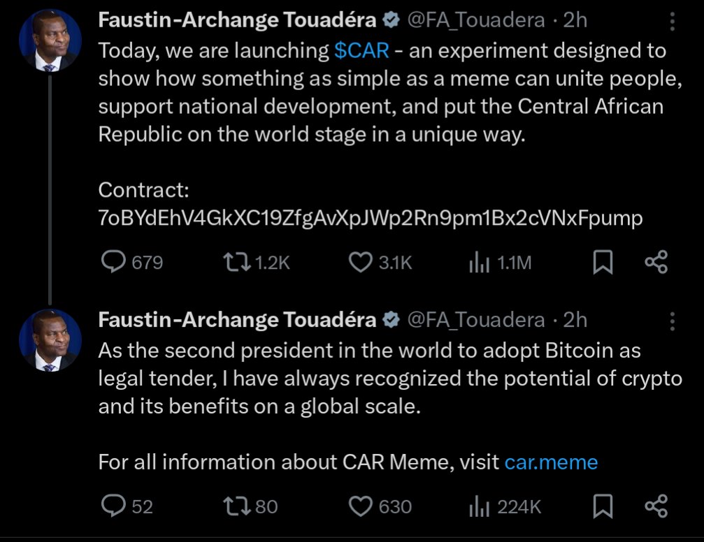 Yesterday, CT learned for the first time that a country called Central African Republic exists.

They launched a pump fun token that in one day hit a market cap equivalent to 40% of their GDP.

Literally nothing is impossible.