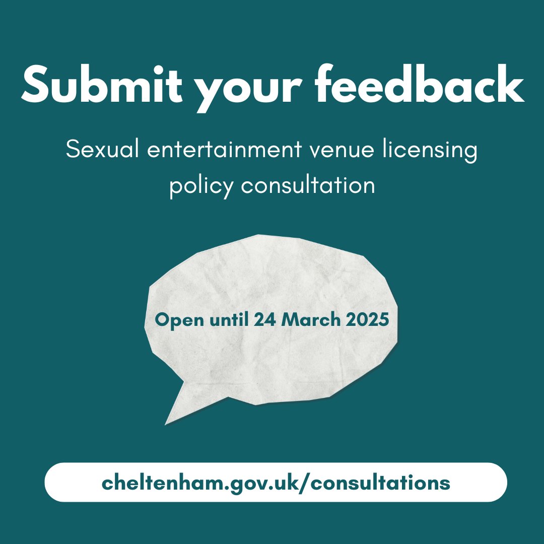 We have launched a 6-week consultation on proposed amendments to the licensing policy for sexual entertainment venues (SEVs) in #Cheltenham.

The consultation closes on 24 March 2025.

Find out more and how to take part in this consultation⬇️
cheltenham.gov.uk/news/article/2…