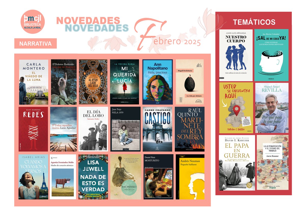 Novedades bibliográficas para el mes de febrero en la <a href="/BibAlcalalaReal/">Biblioteca Pública de Alcalá la Real</a> ¡Felices lecturas!