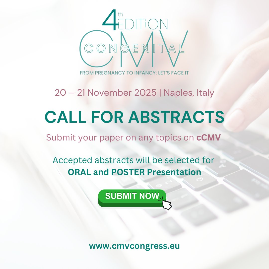 CMV_Congress's tweet image. The 4th #CMVcongress is open for Registrations & Abstract Submissions!
Join #CMV experts in #Naples or Online to share, learn and shape the future of #cCMV research and care.
Register now✅: bit.ly/CMV-REGISTER
Submit Abstract👉: bit.ly/CMV-ABSTRACT
#MedTwitter