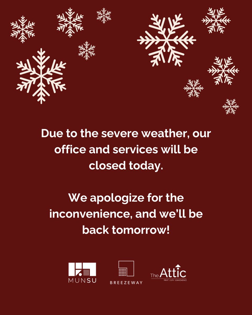 Due to the severe weather, our office and services will be closed today.

We apologize for the inconvenience, and we’ll be back tomorrow!