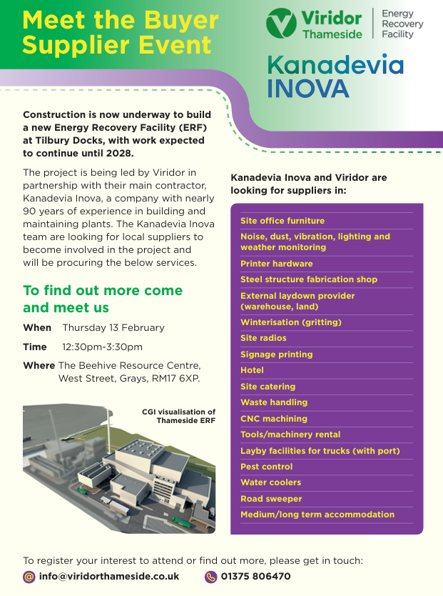 ViridorUK's tweet photo. On 13/2, we're hosting a Meet the Buyer event with our main contractor Kanadevia Inova to find suppliers for Thameside ERF at Tilbury Docks. 

If you're a local business in #Thurrock, #Grays, #Tilbury, please check below and come along from 12:30-3:30pm to The Beehive (RM17 6XP) https://t.co/Irkmp8eDeA