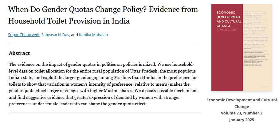 Sugat Chaturvedi (@sugatchaturvedi) on Twitter photo Finally in print in Economic Development and Cultural Change! <a href="/sabya_economist/">sabyasachi das</a>, <a href="/kanmahajan/">kanika mahajan</a>, and I analyze toilet allocation to 25M+ rural UP households & find #gender #quotas work by enabling women to better express demand to female leaders #EconTwitter 🔗bit.ly/3WTw63O Finally in print in Economic Development and Cultural Change! <a href="/sabya_economist/">sabyasachi das</a>, <a href="/kanmahajan/">kanika mahajan</a>, and I analyze toilet allocation to 25M+ rural UP households & find #gender #quotas work by enabling women to better express demand to female leaders #EconTwitter 🔗bit.ly/3WTw63O