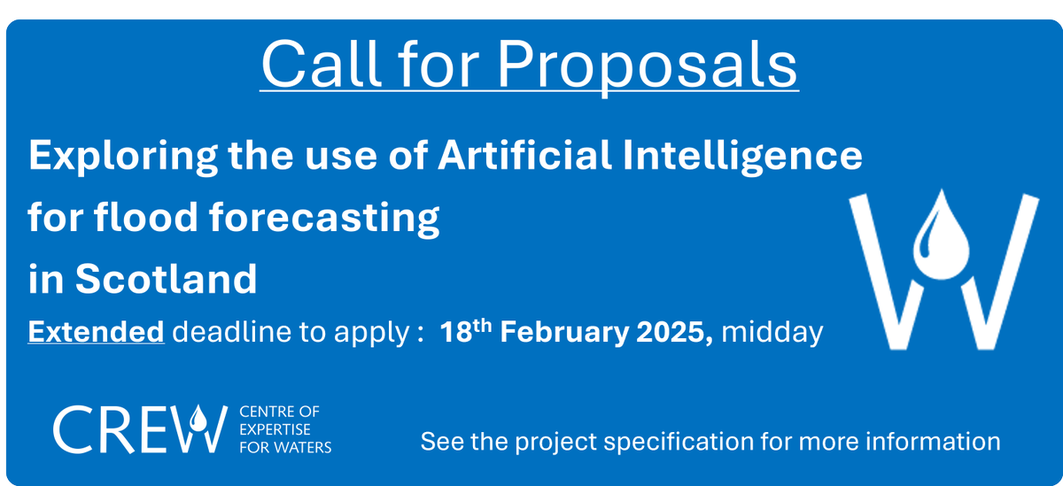 Scotland's Centre of Expertise for Waters (@crew_waters) on Twitter photo EXTENDED deadline to apply for <a href="/CREW_waters/">Scotland's Centre of Expertise for Waters</a>
call for proposals Exploring the use of Artificial Intelligence for #floodforecasting in Scotland! Extended deadline to apply: 18th February 2025, 12:00 noon. For full details see: tinyurl.com/3nm2v9ww
FAQs: tinyurl.com/2j2yappm EXTENDED deadline to apply for <a href="/CREW_waters/">Scotland's Centre of Expertise for Waters</a>
call for proposals Exploring the use of Artificial Intelligence for #floodforecasting in Scotland! Extended deadline to apply: 18th February 2025, 12:00 noon. For full details see: tinyurl.com/3nm2v9ww
FAQs: tinyurl.com/2j2yappm