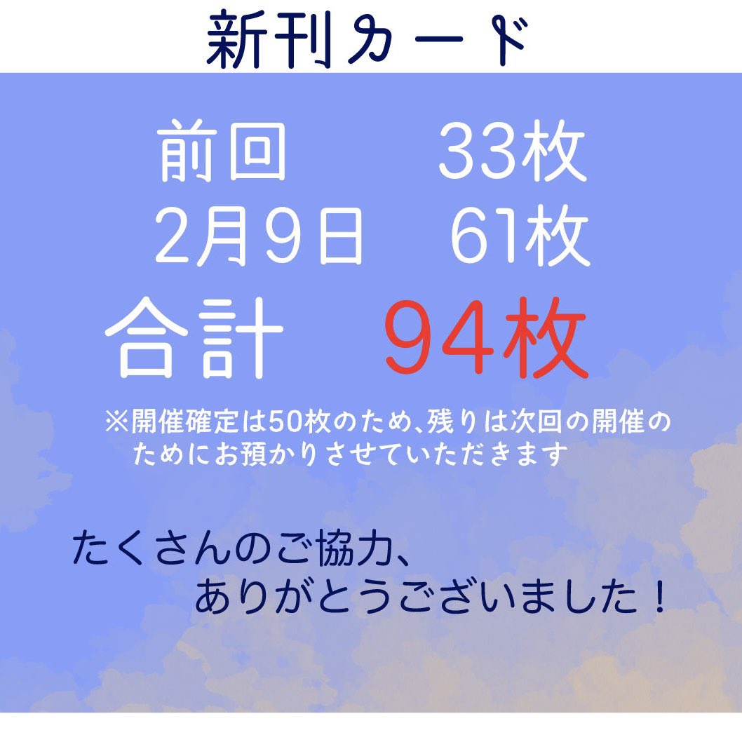 toakioffline's tweet image. 【ご報告】
大変お待たせしました。
昨日は沢山のご協力ありがとうございました!おかげさまで目標の50枚は達成でき、さらに余分の方は次回の投票まで十分にお預かりできました。本当にありがとうございます!🙇♀️
3月の投票の際にまたご報告させていただきます。昨日はイベントお疲れ様でした!