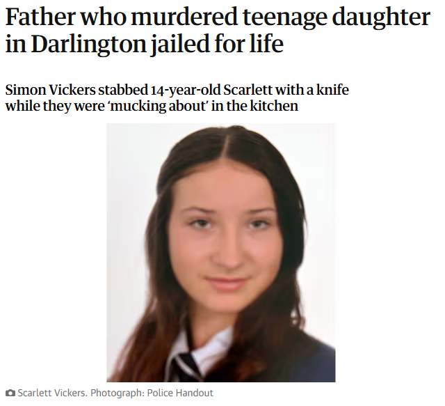 David_Challen's tweet photo. Simon Vickers has been jailed for life for murdering his 14-year-old daughter, Scarlett, in their home. The judge ruled he killed her in a "flash of anger" and lied about what happened. 

He gets just 15 years, just one more year than she lived. 
➡️ https://t.co/cNlmHfBc8a https://t.co/sZa0eUewbg