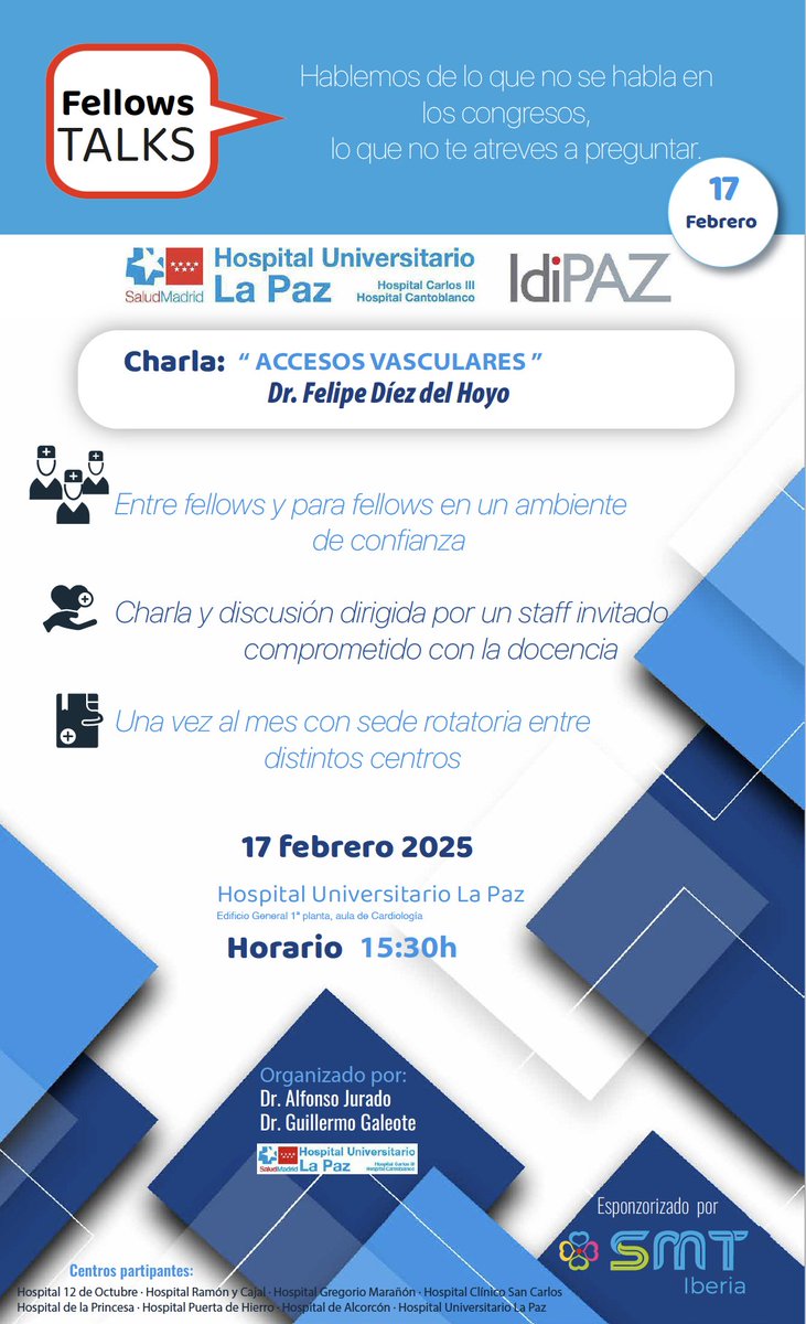IberiaSmt's tweet photo. Os recordamos la sesión #Fellowtalks que tendrá lugar el proximo lunes 17 en el Hospital La Paz con @Felipediezhoyo. Organizan @JuradoRomanAl y @hemodin90 https://t.co/zQwF8tAAi7