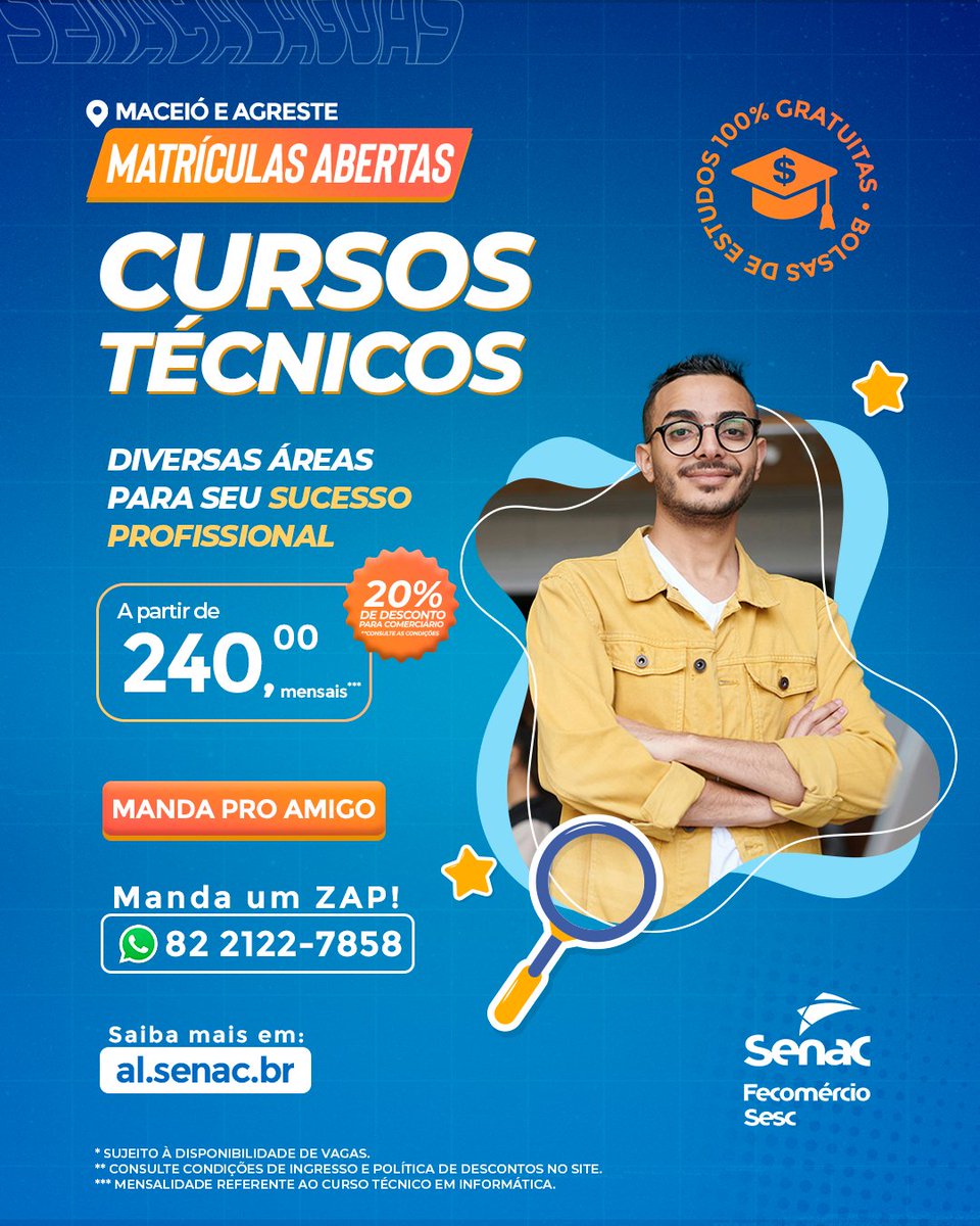 Invista no seu futuro! 🎓 
Matrículas abertas para Cursos Técnicos em Maceió e no Agreste. 🚀 
Acesse: tinyurl.com/3ses28rf e inscreva-se!