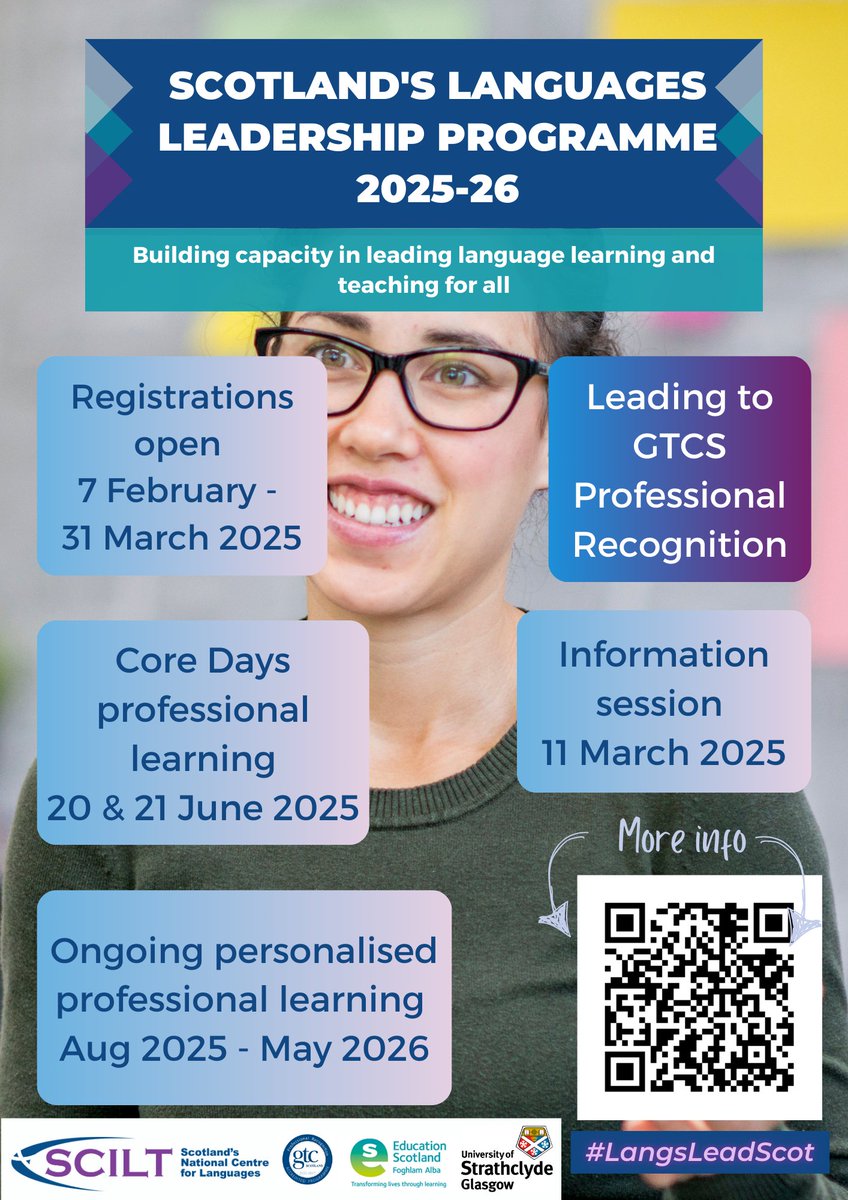 SCILT (@scottishcilt) on Twitter photo Are you a teacher who wants to develop language learning and drive change in your context?
Why not apply to Scotland's Languages Leadership Programme?
Join us for an information session in March.
Find out more: loom.ly/Ej5Zfs4
<a href="/EducationScot/">Education Scotland</a> #ScotlandLovesLanguages Are you a teacher who wants to develop language learning and drive change in your context?
Why not apply to Scotland's Languages Leadership Programme?
Join us for an information session in March.
Find out more: loom.ly/Ej5Zfs4
<a href="/EducationScot/">Education Scotland</a> #ScotlandLovesLanguages