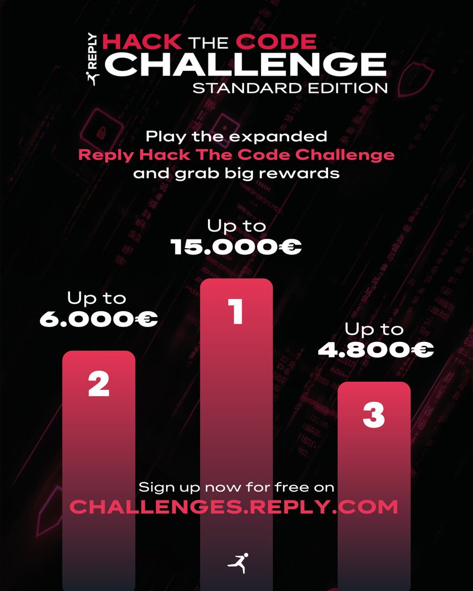 Join the #ReplyHackTheCodeChallenge to prove your coding and cyber security skills 🙌

This year, the reward is higher than ever: your team can get up to 15.000€ 🔥

Aged 14-19?
Play the Teen Edition and get up to 9.000€ 😎

Register now, 100% free:
👉 replychallenges.com/HackTheCode