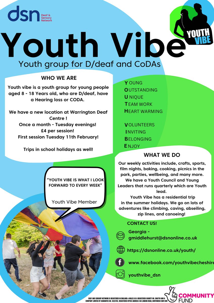 Tomorrow night, we are hosting DSN's launch of their YouthVibe sessions!

If you are 8-18 who is d/Deaf, have hearing loss or are a CODA, come and see what it is all about! Check out the posters for more info. 

#deaf #warrington #youth <a href="/DSNonline/">DSN</a> <a href="/youthvibe_dsn/">Youth Vibe Cheshire</a>
